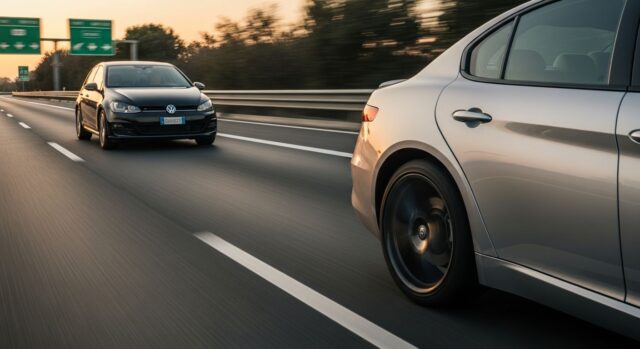 Una veduta laterale posteriore di un'Alfa Romeo Giulia argento in primo piano, con la ruota posteriore sfocata dal movimento, mentre una Volkswagen Golf nera si avvicina nella corsia adiacente di un'autostrada all'ora d'oro. Lo sfondo, con segnali autostradali e guardrail, è sfocato per mostrare la velocità.