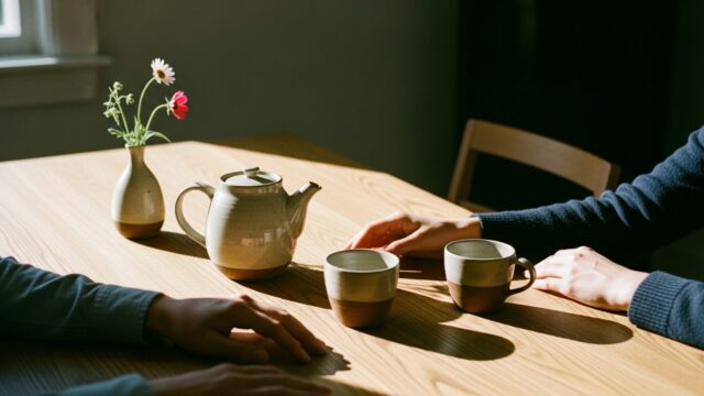 Mani che si sfiorano su un tavolo di legno minimalista con tè caldo e luce solare calda, atmosfera intima e senza telefoni.