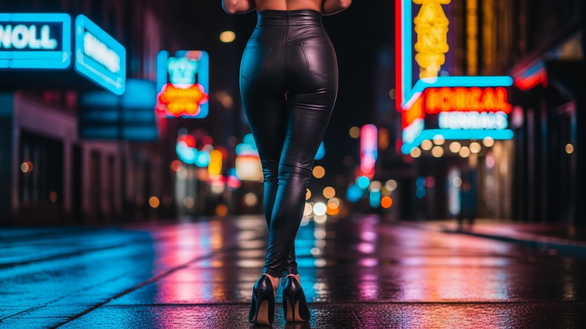 Silhouette femminile di spalle con pantaloni di pelle attillati e tacchi alti in una città notturna, rappresentazione estetica moderna dei canoni di attrazione e seduzione visiva.