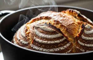 Pane fatto in casa 2026: guida alla lievitazione naturale e trucco per la crosta croccante Pane fatto in casa cotto in pentola di ghisa con crosta croccante e vapore che sale