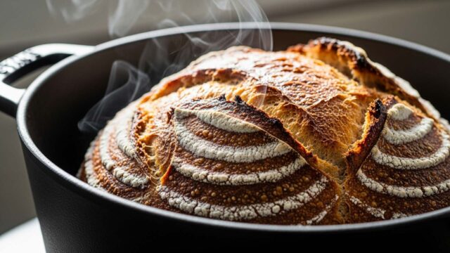Pane fatto in casa cotto in pentola di ghisa con crosta croccante e vapore che sale