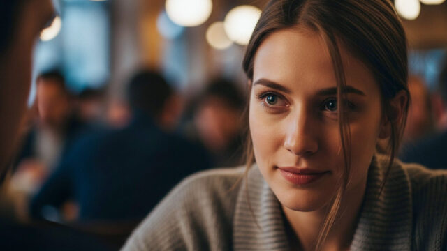 Primo piano di una donna che sorride e mantiene un contatto visivo intenso durante una conversazione in un locale.