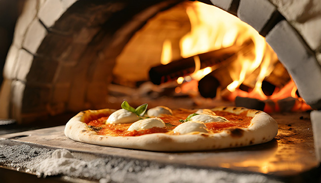 Pizza cooked in a wood-fired oven
