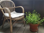 Come trasformare il balcone in uno spazio di benessere: le tendenze outdoor 2026 Sedia in rattan con cuscino bianco e vaso di menta su balcone con pavimento in legno