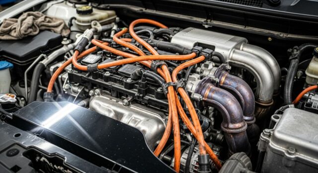 Vano motore di auto ibrida con cavi ad alta tensione arancioni, complessità del sistema ibrido