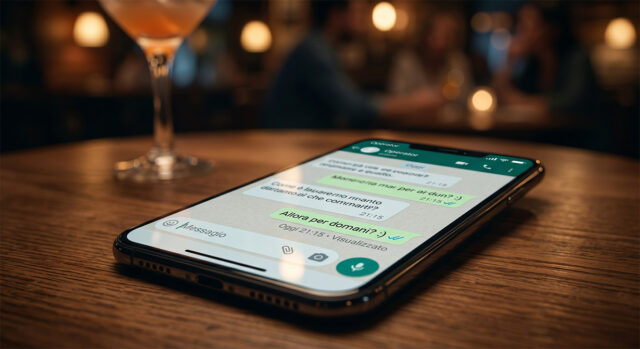 Dettaglio ravvicinato di uno smartphone su un tavolo con una chat WhatsApp aperta in italiano. L'inquadratura è focalizzata sull'ultimo messaggio inviato e sulla doppia spunta blu del "Visualizzato" senza risposta, simbolo degli errori di comunicazione digitale.