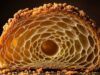 Cornetti sfogliati fatti in casa: tecnica delle pieghe e segreti dell’alveolatura perfetta Sezione macro di un cornetto sfogliato tagliato a metà, che mostra un'alveolatura interna perfetta a nido d'ape e una crosta dorata irregolare ricca di briciole materiche illuminate di lato.