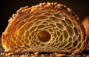 Cornetti sfogliati fatti in casa: tecnica delle pieghe e segreti dell’alveolatura perfetta Sezione macro di un cornetto sfogliato tagliato a metà, che mostra un'alveolatura interna perfetta a nido d'ape e una crosta dorata irregolare ricca di briciole materiche illuminate di lato.