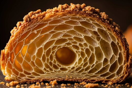 Cornetti sfogliati fatti in casa: tecnica delle pieghe e segreti dell’alveolatura perfetta Sezione macro di un cornetto sfogliato tagliato a metà, che mostra un'alveolatura interna perfetta a nido d'ape e una crosta dorata irregolare ricca di briciole materiche illuminate di lato.