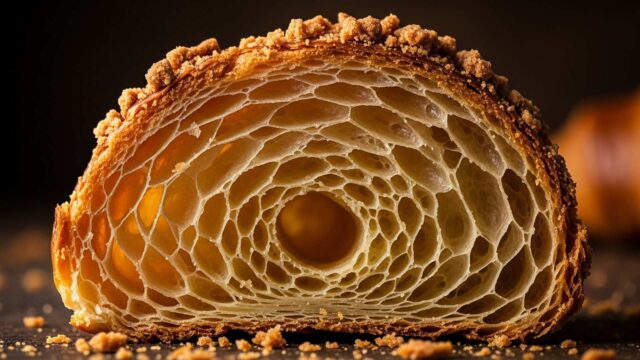 Sezione macro di un cornetto sfogliato tagliato a metà, che mostra un'alveolatura interna perfetta a nido d'ape e una crosta dorata irregolare ricca di briciole materiche illuminate di lato.