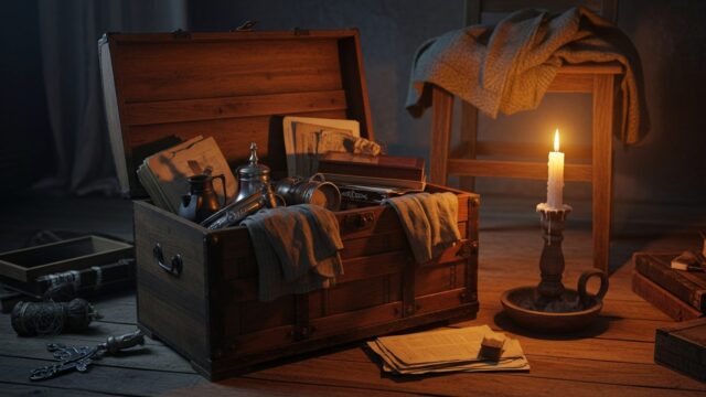 Baule antico aperto con oggetti vecchi e candela accesa, simbolo di accumulo di energia negativa in casa secondo il Feng Shui.