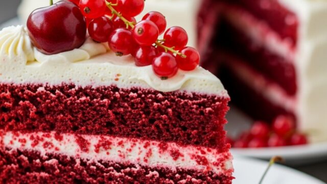 Fetta di torta red velvet lussuriosa con strati rosso intenso e ricca crema al formaggio, decorata con ribes freschi.