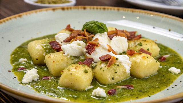 Ricetta gnocchi di patate con pesto di pistacchi e speck croccante