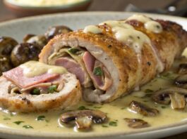 Ricetta di involtini di vitello con prosciutto, formaggio, funghi e salsa al vino bianco