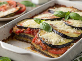 Ricetta parmigiana di melanzane con mozzarella, basilico, pomodoro e parmigiano