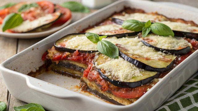 Ricetta parmigiana di melanzane con mozzarella, basilico, pomodoro e parmigiano