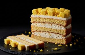 Torta Mimosa per la Festa della Donna: il trucco per una crema che non collassa Fetta tagliata di torta mimosa con strati netti di pan di spagna e crema diplomatica densa.