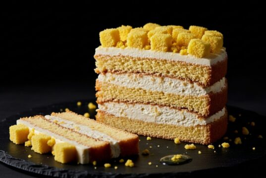 Torta Mimosa per la Festa della Donna: il trucco per una crema che non collassa Fetta tagliata di torta mimosa con strati netti di pan di spagna e crema diplomatica densa.