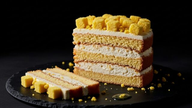 Fetta tagliata di torta mimosa con strati netti di pan di spagna e crema diplomatica densa.
