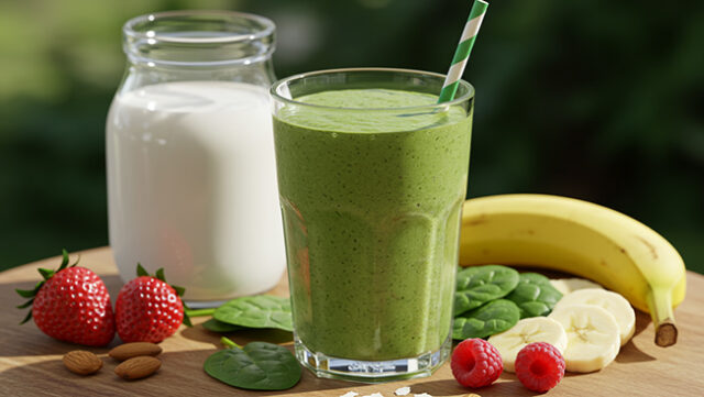 Frullato con frutta fresca, spinaci e semi di chia