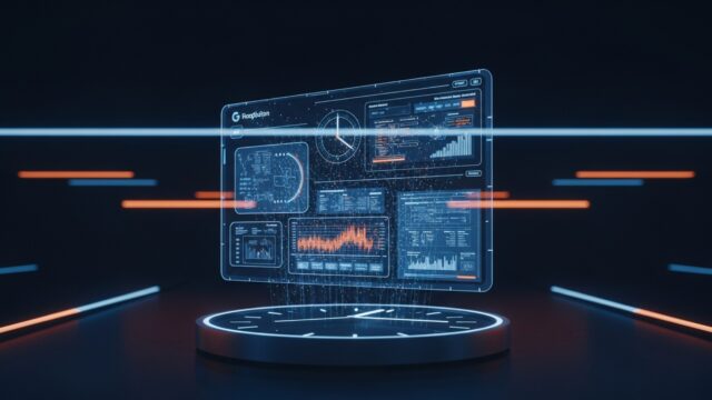 Visualizzazione futuristica di un orologio digitale che proietta dati complessi e linee temporali, simboleggiando la capacità di previsione dell'AI di Google.