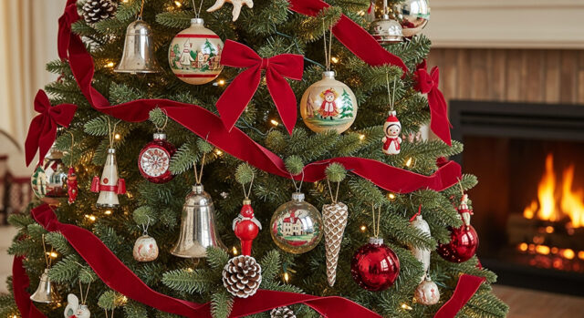 Dettaglio albero di Natale: nastri di velluto cremisi e decorazioni vintage. Atmosfera calda e nostalgica.