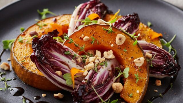 Antipasto vegano con spicchi di zucca arrostiti, radicchio croccante e granella di nocciole tostate su piatto rustico.