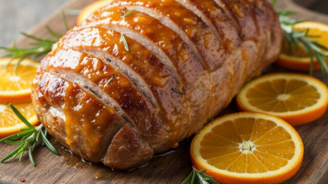 Arista di maiale cotta a fisarmonica con glassa all'arancia, lucida e tenera, servita su tagliere rustico.