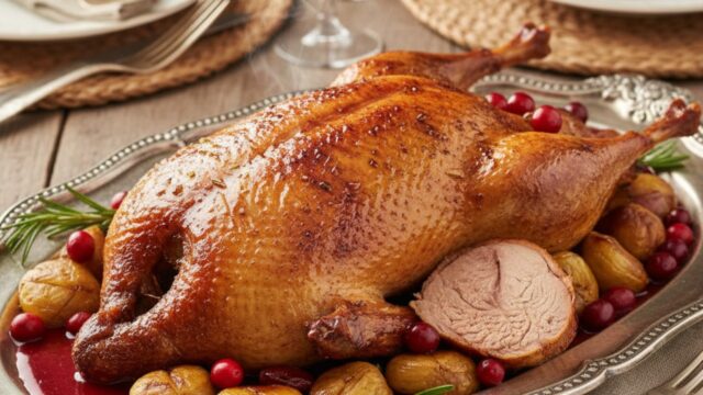 Arrosto di anatra intero per Natale, lucido, con castagne croccanti e ricca salsa rubino.