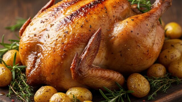 Cappone arrosto intero, pelle dorata e croccante, succoso, affiancato da patate e rosmarino, pronto per il servizio.