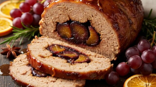 Fetta di arrosto vegano festivo, lucido e succulento, ripieno di prugne secche e scorza d'arancia.