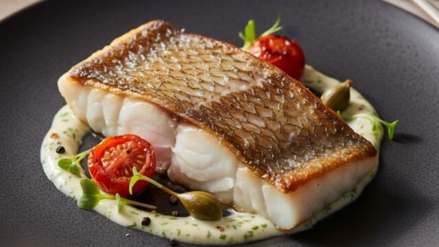 Filetto di baccalà cotto a bassa temperatura con pelle croccante, impiattamento gourmet su fondo scuro.