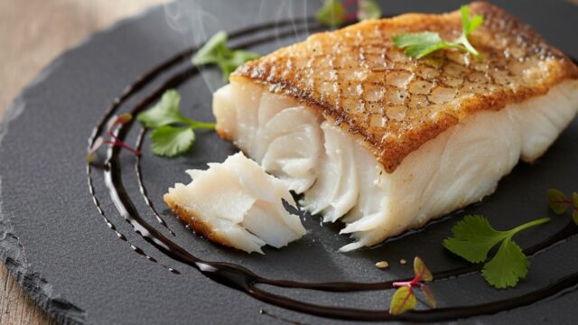 Filetto di baccalà dorato cotto in padella, impiattamento elegante su piatto scuro con salsa e verdure.