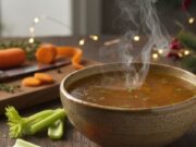 Il brodo di Natale pronto in anticipo per una festa senza stress Brodo di Natale tradizionale in ciotola rustica, pronto per essere servito o conservato, con carote e sedano