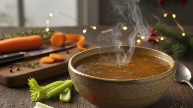 Brodo di Natale tradizionale in ciotola rustica, pronto per essere servito o conservato, con carote e sedano