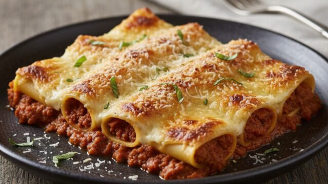Cannelloni al forno gratinati con besciamella e ragù, fumanti e pronti da gustare su piatto rustico.