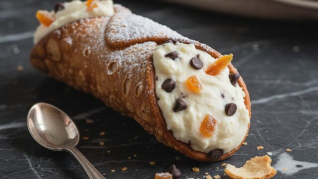 Cannolo siciliano croccante farcito con abbondante ricotta di pecora, gocce di cioccolato e scorza d'arancia candita.