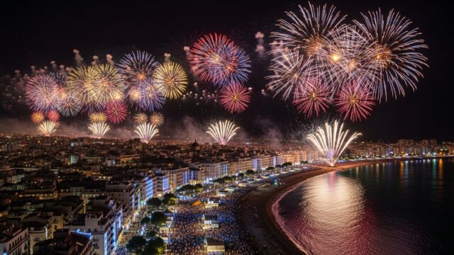 Vista spettacolare dei fuochi d'artificio di Capodanno 2026 su una città costiera affollata.