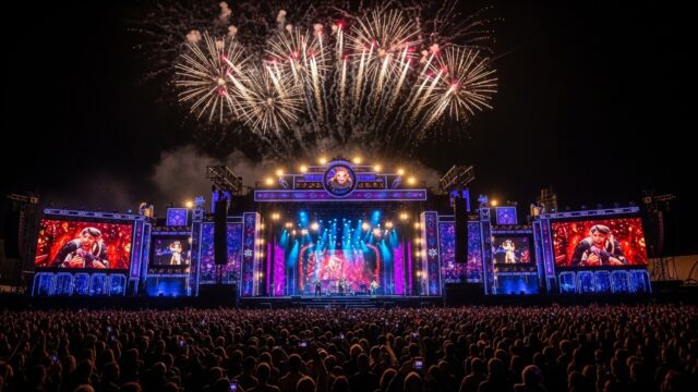 Palco illuminato con fuochi d'artificio e pubblico festante per un concerto di Capodanno in diretta TV in Italia.