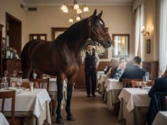 L’ora del brasato in Brianza: un gigante equino irrompe nel ristorante, panico e tartine distrutte