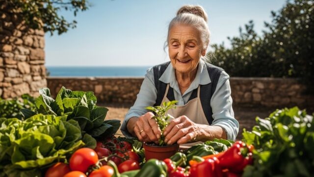 Anziana donna sorridente che lavora nell'orto in un ambiente soleggiato, simbolo della longevità delle Zone Blu.