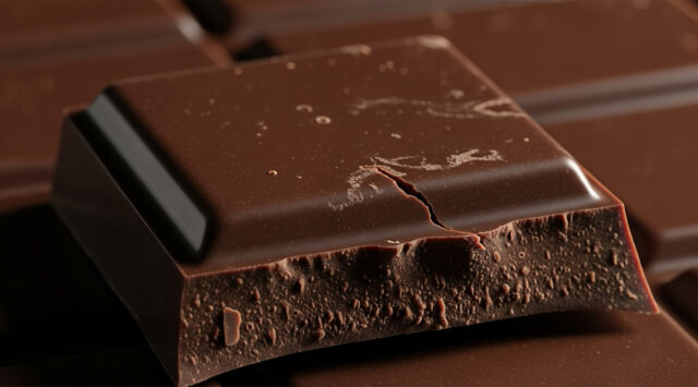 Invitante pezzo di cioccolato fondente di alta qualità, con una rottura netta che ne rivela la croccantezza.