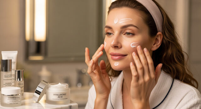 Applicazione di crema viso idratante notte: donna che stende il prodotto su guance e fronte con barattolo di acido ialuronico in primo piano