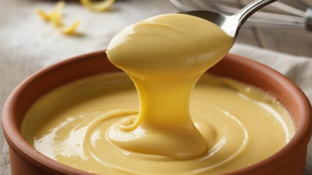 Crema pasticcera vellutata e lucida, giallo intenso, servita in una ciotola rustica pronta per essere gustata.