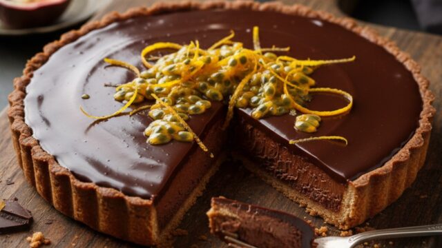 Crostata moderna al cioccolato fondente con ganache lucida e topping di polpa fresca di frutto della passione esotica.