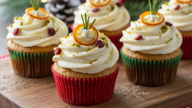 Cupcake salati natalizi con base muffin morbida e topping cremoso di frosting al formaggio, finger food elegante.