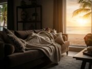 Weekend a casa: 3 cose da fare sul divano per sentirti in vacanza senza spendere un euro Persona sul divano, avvolta in una coperta, con vista su una spiaggia tropicale dalla finestra.