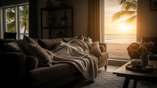 Persona sul divano, avvolta in una coperta, con vista su una spiaggia tropicale dalla finestra.