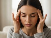 I rimedi naturali più efficaci contro il mal di testa tensivo: menta e agopuntura Giovane donna rilassata che applica delicatamente olio essenziale di menta piperita sulle tempie per alleviare il mal di testa tensivo.