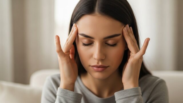 Giovane donna rilassata che applica delicatamente olio essenziale di menta piperita sulle tempie per alleviare il mal di testa tensivo.